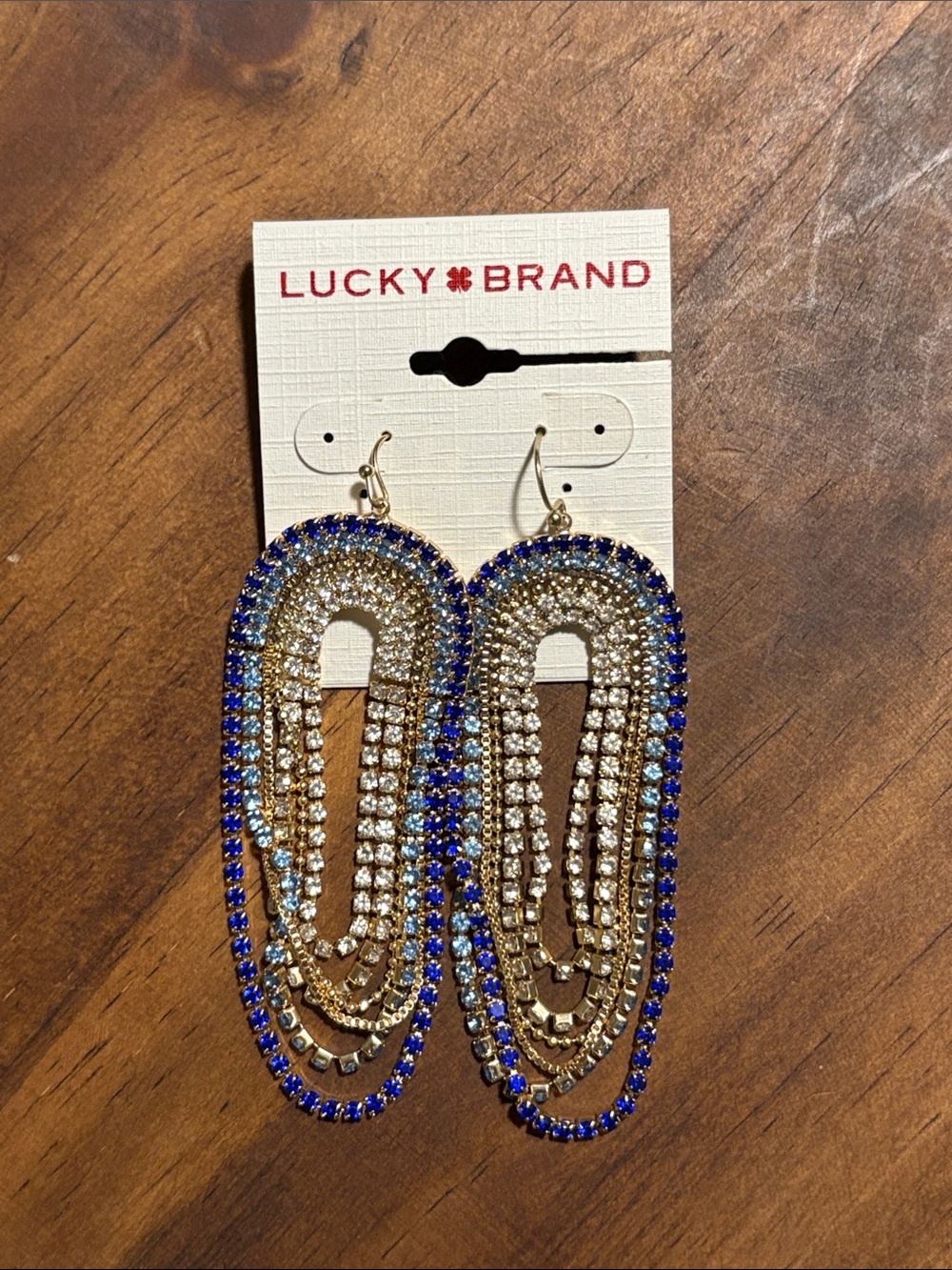 Lucky Brand Gold and Blue Crystal Layered Oval Drop Earrings